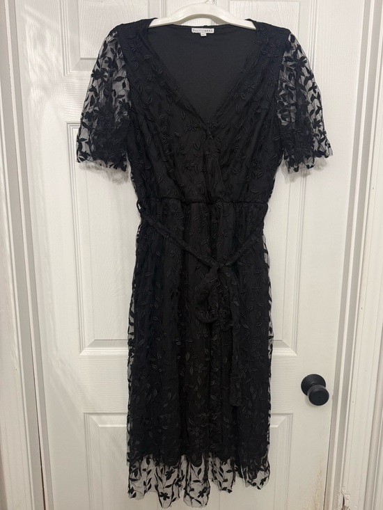 Baltic Born Dresses & Skirts - Baltic Born Black Embroidered V-Neck Midi Dress with Tie Waist